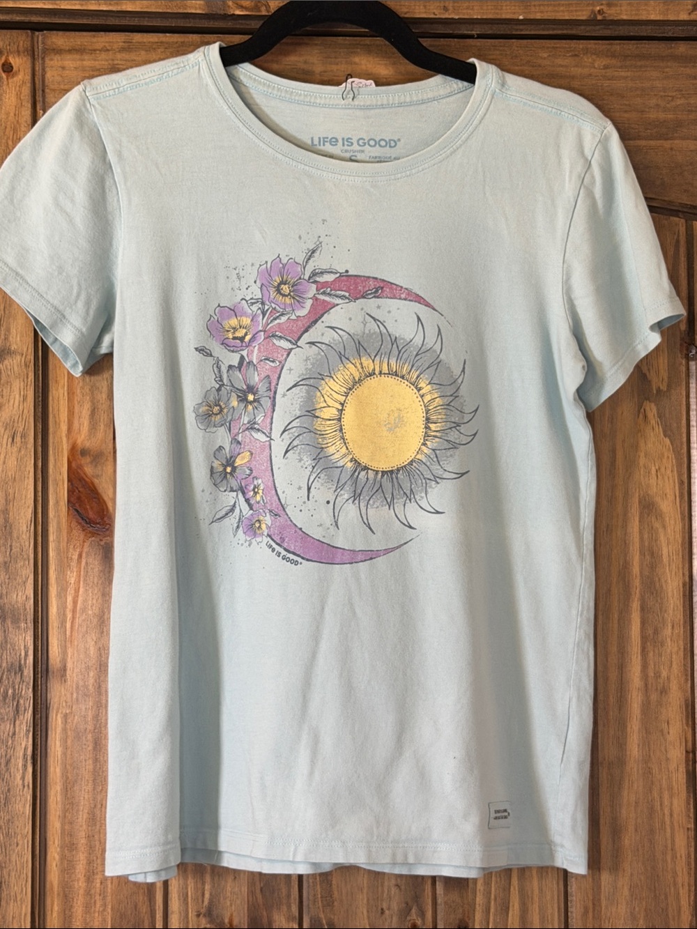 Life Is Good Light Blue Tee with Yellow Sun and Pink Moon Graphic